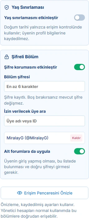 Forum erişimi: bölüm şifresi ve izin verilen üyeler
