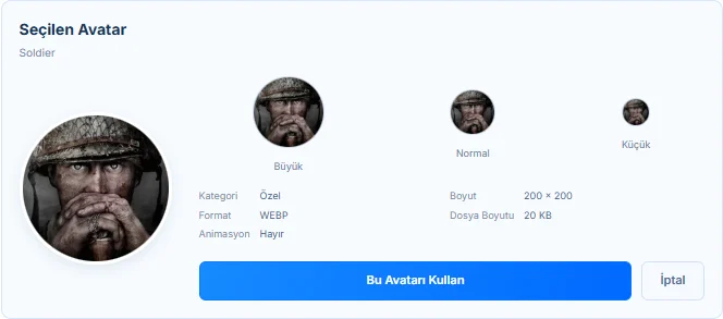 Seçilen avatarın farklı boyutlarda önizlemesi ve Bu Avatarı Kullan düğmesi