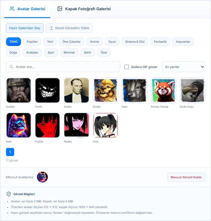 Sesverin hazır avatar galerisi, kategori düğmeleri, arama ve GIF filtresi