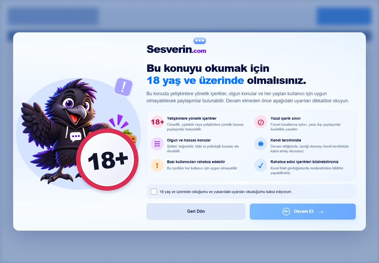 Sesverin 18 yaş ve üzeri içerik uyarısı, onay kutusu ve Devam Et düğmesi
