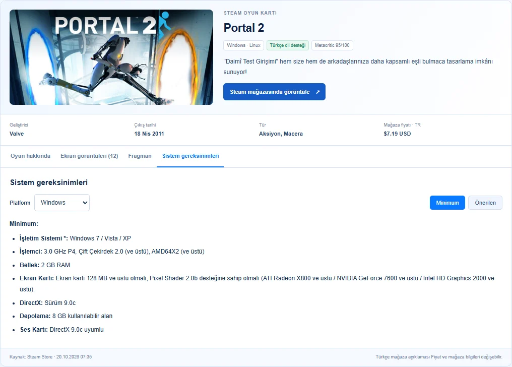 Oyun kartında platform seçimi ile Minimum ve Önerilen sistem gereksinimleri düğmeleri